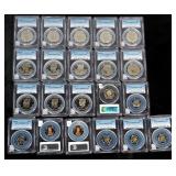 Graded & Encased Coins, Kennedy Half Dollars Qty 13, Roosevelt Dimes Qty 5, Liberty Quarter Qty 1 An