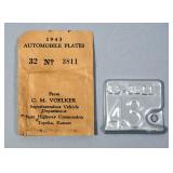 1943 WWII Metal Kansas Auto Plate Attachment In Original Envelope