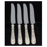 S Kirk & Son Sterling Silver "Repousse" 9" Dinner Knives, Qty 4, Sterling Handles, Stainless Steel B