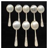 S Kirk & Son Sterling Silver "Repousse" 6-1/8" Soup Spoons, Qty 8