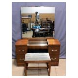 Vanity with Beveled Glass Mirror and Bench, Dovetail Constructed Drawers, 45"W x 26"H x 17.5"D, 66"H