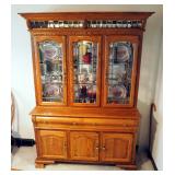 Lighted Oak Hutch With Leaded Beveled Glass, 76"H x 54"W x 18.5"D