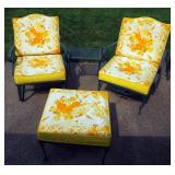 Wrought Iron Patio Chairs With Vintage Cushions 36"H x 26"W x 32"D Qty 2, Foot Stool And End Table