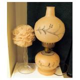 Pink Glass Vanity Lamp, Tissue Box, Powder Puff Jar, Bath Wand And Shelf