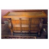 Antique Solid Wood Bar With Beautifully Carved Griffins, Brass Foot Rail, Brass Top Overlay And 2 Sh