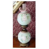 Fenton Green and Rose Bermese Gone With the Wind Lamp, 23"