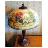 Hand Painted Tiffany Style Table Lamp, Seaside Cottage Theme, 24" Tall