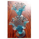 Vintage Fenton Blue Hobnail Ruffled Vases, 5.5", Qty. 2
