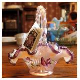 Hand Painted Fenton Ribbon Candy Edge Basket, 8"