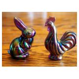 Fenton Iridescent Carnival Glass Rooster And Rabbit Figurines, 3"