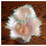 Fenton Iridescent Pink With Green Crest Epergen, 11", Crimped Edge