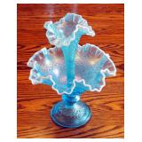 Fenton Iridescent Blue With White Crest Epergen, 10.5"