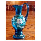 Fenton 1999 New Century Collection, Turquoise Hand Painted Pitcher, 9.5", Signed By Brenda Pezzoui
