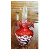 Fenton Glass Legacy Collection Cranberry Hand Painted Basket, 11", Signed D. Barbour