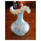 Fenton 1991 Bubble Optic Light Blue Vase, 8", Hand Painted And Signed S. Bryan