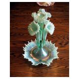 Fenton Willow Green Opalescent Epergne With Lily Pad Base, Crimped And Ruffled Trumpet Vases, 16"