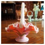 Fenton Glass Legacy Collection Pink Opaque Iridescent Hand Painted Basket, 9", Signed J. Kutshaw