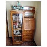 Wood Secretary With Leaded Stained Glass Back And Beveled Mirror, 3 Glass Shelves, 67" x 40" x 18"