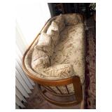 Mid Century Solid Wood Trimmed/Upholstered Sofa With Curved Spindle Back, 23" x 88" x 32"