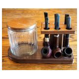Vintage Walnut Pipe Stand With Air Tight Tobacco Jar And 6 Vintage Pipes