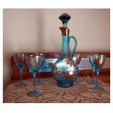 Blue Glass Gold Foil 15" Decanter Set, Made In Romania, 8 Pieces Total