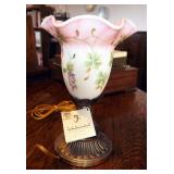 Fenton Hand Painted Pink Opaque Vase Lamp With Brass Base, Signed By Artist, 12.5" Tall