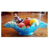 Fenton Blue Iridescent Scalloped 12" Fruit Bowl