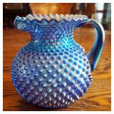 Fenton Blue Iridescent Carnival Hobnail Pitcher, 8"