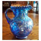 Fenton Blue Iridescent Carnival Glass Pitcher, 9", With Apple Tree Motif