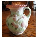 Fenton Lotus Mist Burmese Hand Painted Apple Blossom Pitcher, 9", Signed By Gilbert T.