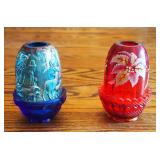 Fenton Ruby Red Hand Painted Poinsettia Fairy Lamp And Fenton Blue Iridescent Nativity Scene Fairy L