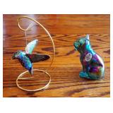 Fenton Iridescent Green Kitty Cat And Multi Colored Humming Bird Hanging Figurine With Stand, 3 Tota