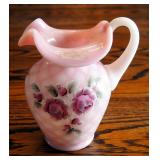 Fenton Limited Edition Roselene Diamond Optic Pitcher, 5.5", With Hand Painted Roses, Signed By Arti