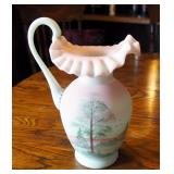 Fenton Lotus Mist Burmese, Crimped Edge Pitcher, Hand Painted, Signed By Artist, 10" Tall