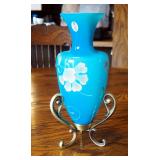 Fenton Land Mark Collection, Blue Amphora Vase With Stand Hand Painted And Signed By Artist #7055/88