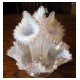 Fenton Diamond Lace French, Opalescent Crest Epergene With Jack In The Pulpit Vase, 10" Tall