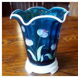 Fenton Heirloom Optics Collection, Blue, Hand Painted Flowered Flip Vase And Base, 8"