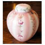 Fenton Gold Treasures Collection, Rosalene Ribbed Optic, Hand Painted Ginger Jar, 8.5", Signed By Ar