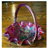 Fenton Red Carnival, Ruffled Edge Glass Basket 8" With Stick And Berry Motif
