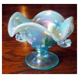 Fenton Chrysanthemum Amethyst Footed Bowl With Koy Handles, 5", Hand Painted And Signed By Artist