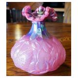 Fenton Pink Opalescent Carnival Glass Vase With Swan, Cattail, Lily Pad Vase, 11"