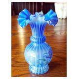 Fenton Glass Messenger Exclusive, Blue Opalescent, Optic Stripe, With Ruffled Edge Vase 8", Hand Pai