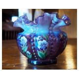 Fenton Purple, Iridized, Opalescent, Beaded Rose Glass Bowl, 5.5" Hand Painted And Signed By Artist