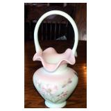 Fenton Lotus Mist, Burmese, Ruffled Edge Basket, Hand Painted, Signed By Artist, #605/2750,11" Tall