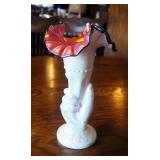 Fenton 1992 Pearl Iridescent Black Crested Hand Vase, "Black Rose", 10.5"