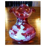 Fenton Cranberry Mary Gregory Vase, Hand Painted, Signed By Artist, #986, 7"