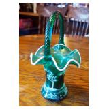 Fenton Emerald Green Mary Gregory, "Boy And Dog", Glass Basket, Hand Painted, Signed By Artist,10"
