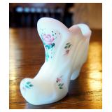 Fenton Iridescent Blue Hand Painted Fairy Lamp, 5" And Satin Shoe, Signed By K. Brightoirl