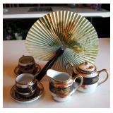 Hand Painted Koshida Japanese China Tea Set To Include Fan, Pitcher, Creamer, Sugar, Cup And Saucers