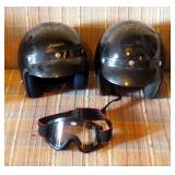 Vintage Cyber Motor Cycle Helmets With Snap On Visors One Medium And One Large With 1 Pair Goggles